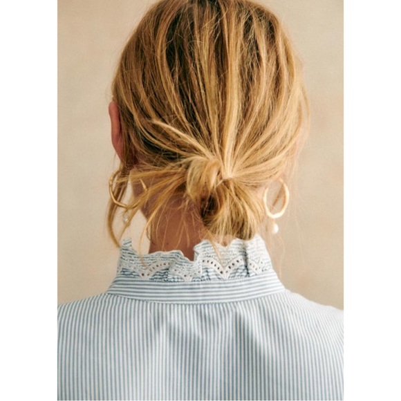 SEZANE Blue White Pinstripe Ruffle Lace High Neck Striped Button Down Chlo Shirt - Picture 6 of 16